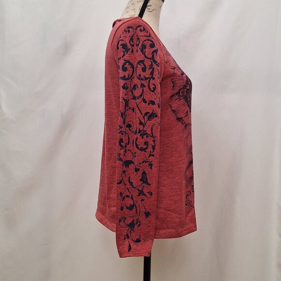 Live & Let Live Womens Top Small Heather Knit Vine Pattern Embellished Boho Fall - Picture 2 of 6